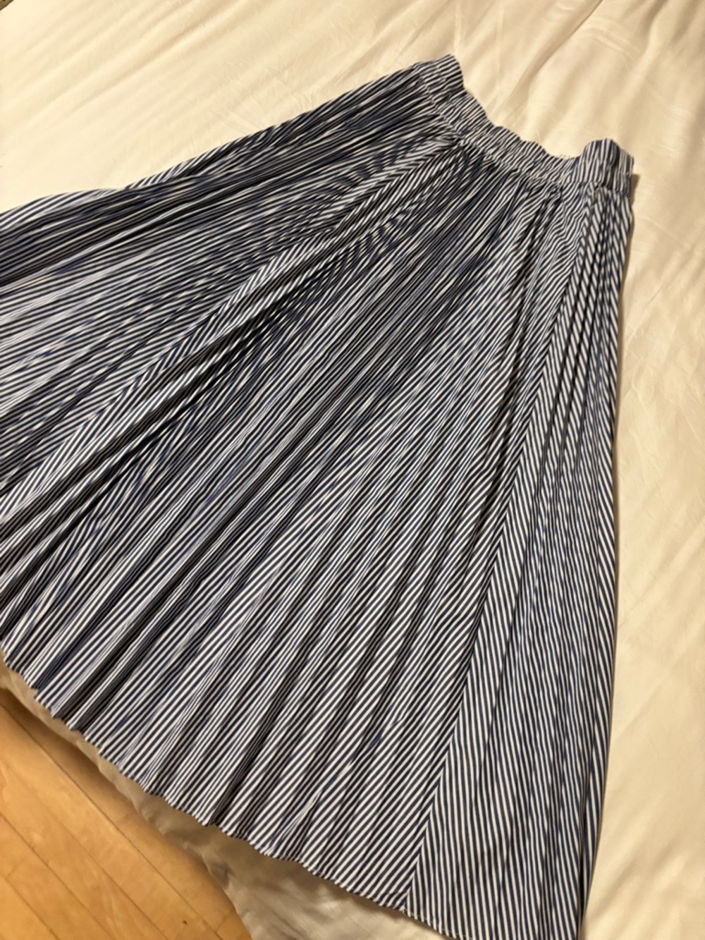 J. Crew Pleated Navy and White Stripe Midi Skirt